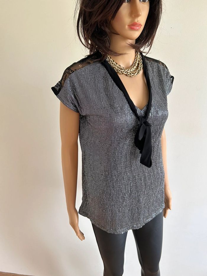 Haut argenté et noir à manches courtes Morgan taille XS jamais porté - photo numéro 2