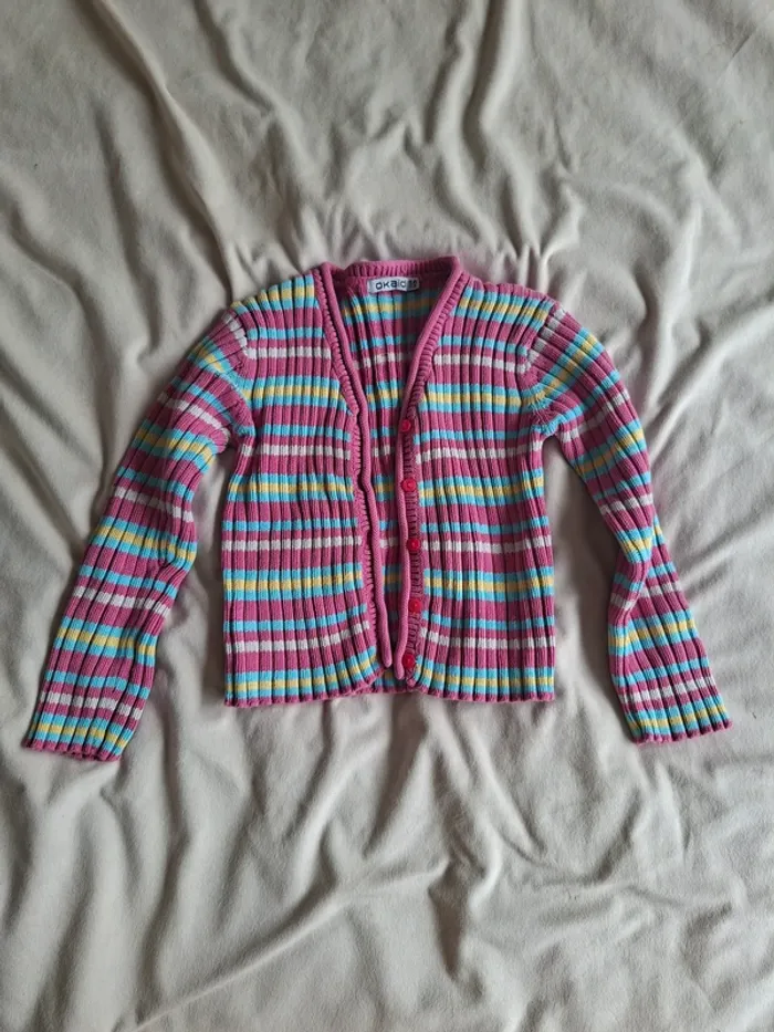 gilet fille rose, bleu, jaune, taille 6 ans, marque Okaidi, en très bon état
