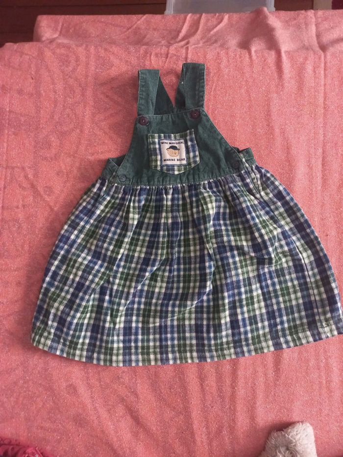 Très jolie robe 12 a 24 mois vert bouteille haut salopette et carreaux blei blanc