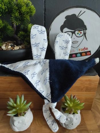 Doudou Knuffel Bleu Marine Blanc Bateau Papier Oreille  #geektradedoudou