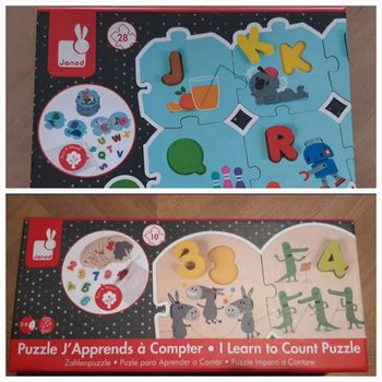 Lot de 2 puzzles Janod pour apprendre les chiffres et les lettres.