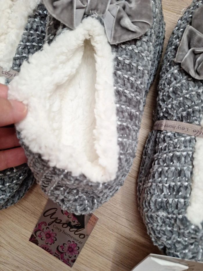 Lot de 3 paires de chaussons femme grises avec neud douces antidérapantes - photo numéro 4