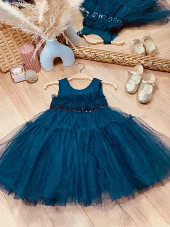 Taille 3 ans robe créateur fille TAO bleue marine * sequins tulle * 💙