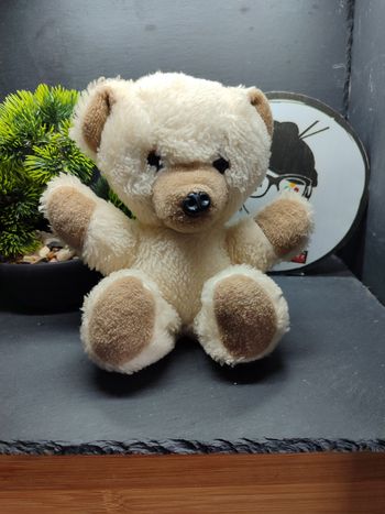 peluche ours assis ancien marron beige crème noir ancien vintage 