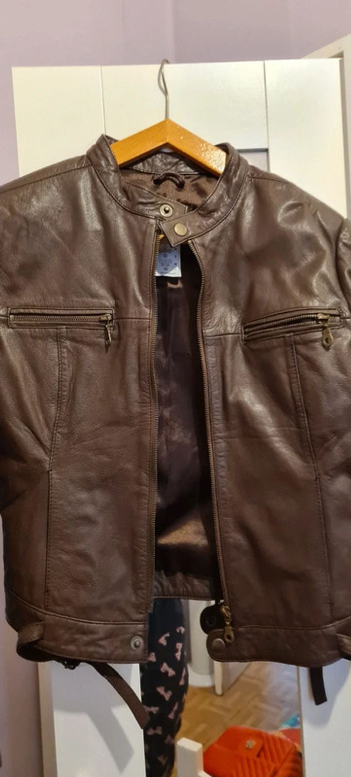 Veste biker tout cuir marron doublé t 36 neuf Soft Grey - photo numéro 4