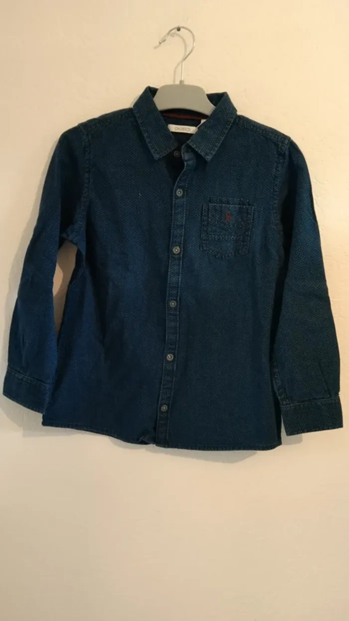 chemise petits pois bleu jean okaidi garcon 6 ans