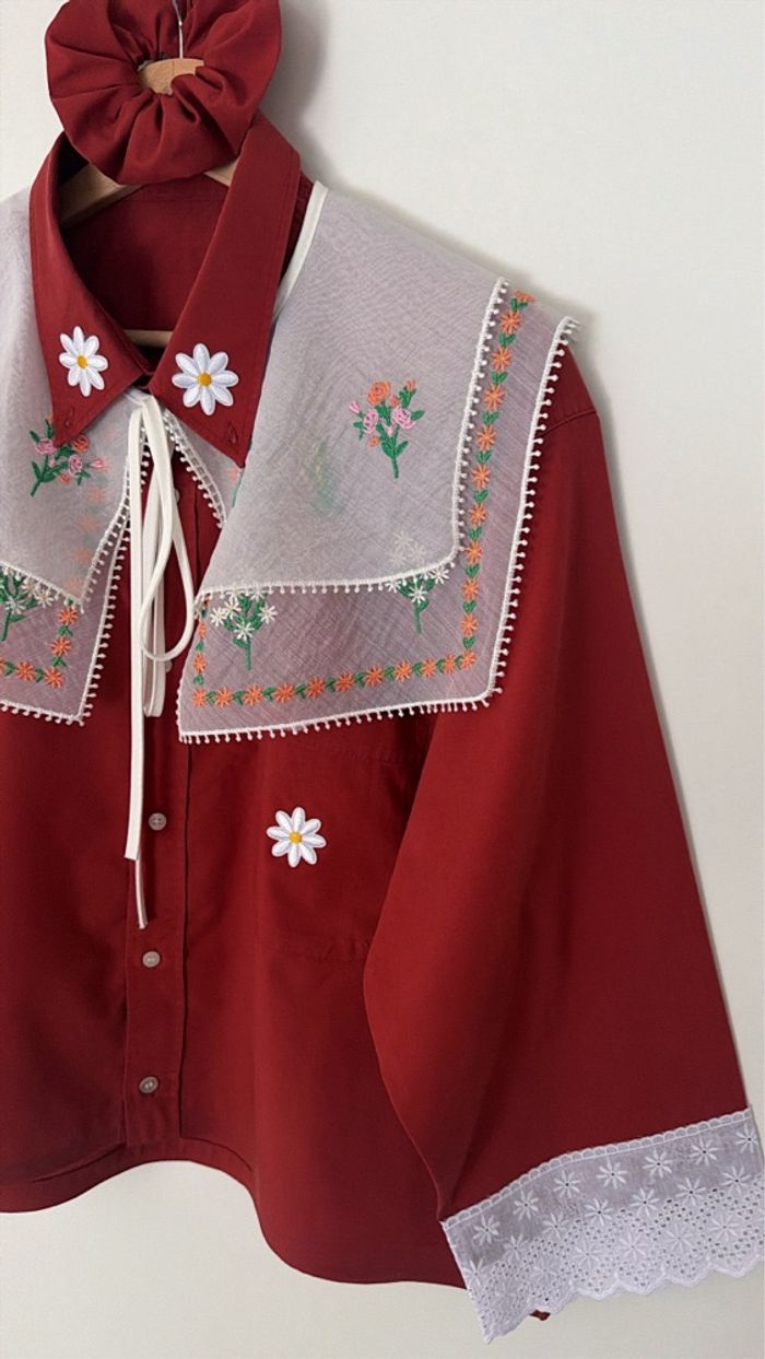 chemise coton fluide oversize rouge brique maxi col chic blanc brodé vintage - photo numéro 1