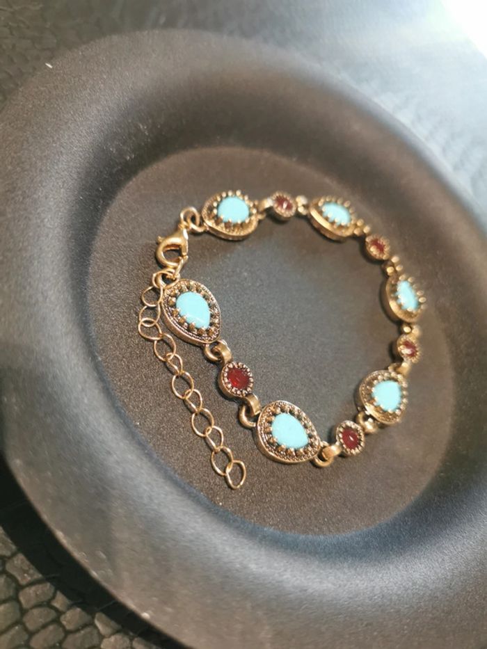 Bracelet doré style Vintage bleu et rouge - photo numéro 2