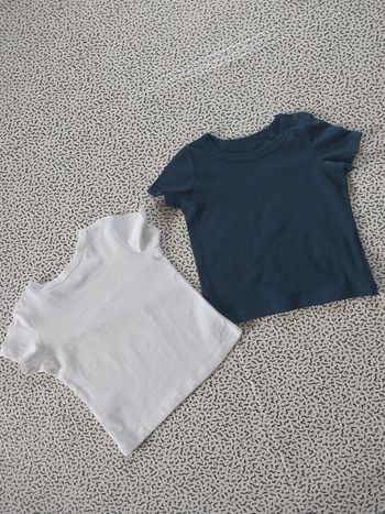 Lot 2 t-shirts bébé 12 mois NEUF – coton blanc & bleu pétrole – basique été garçon / fille