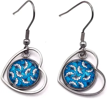 Boucles d'oreilles Pendantes Cœur Argenté avec Cabochon en Verre de 12 mm, en Acier Inoxydable