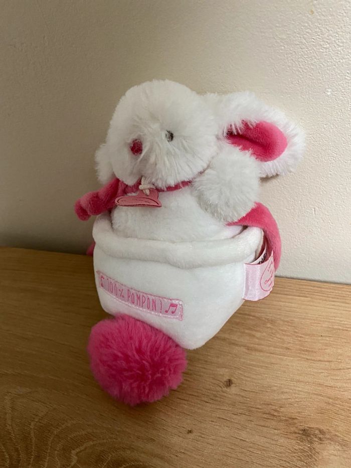 Doudou peluche lapin musical rose blanc 100% pompon doudou et compagnie