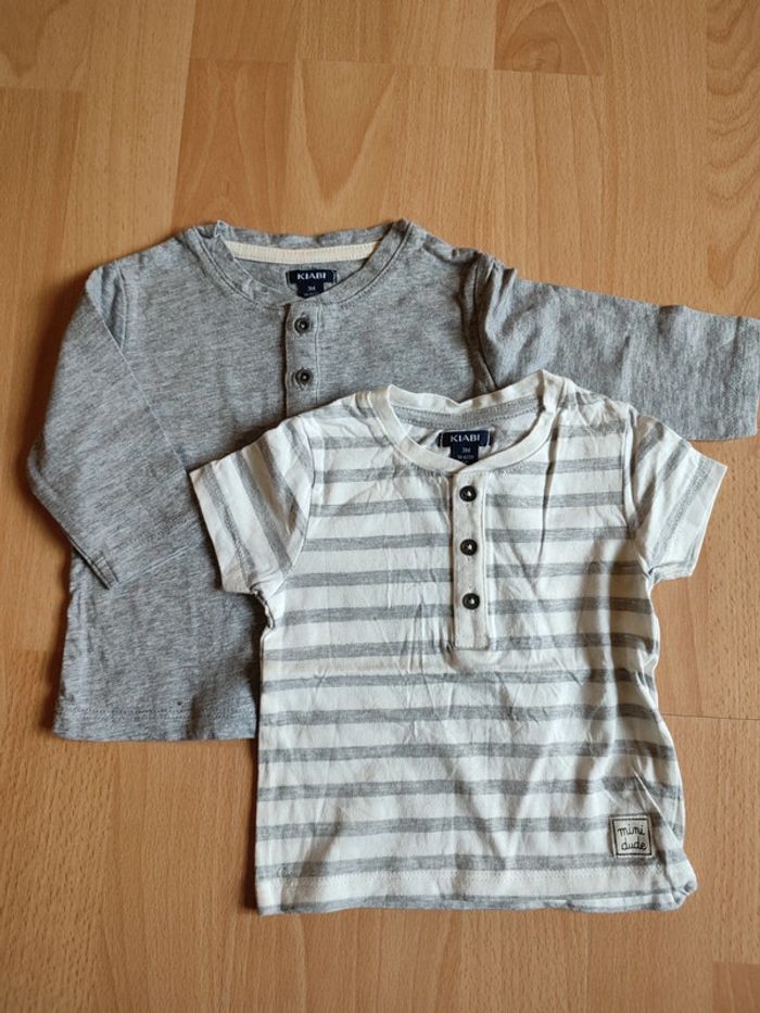 Lot 2 t-shirts manches courtes et longues gris col tunisien neufs Kiabi en 3M