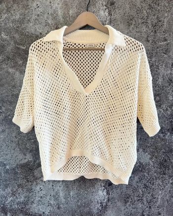 Top col polo maille ajourée femme Pimkie taille S mujer cuello calado donna maglia Damen Polokragen
