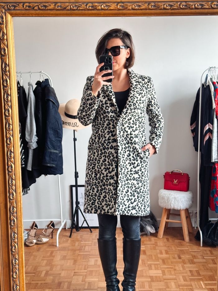 Manteau Maje taille 36 motifs léopard noir et blanc cassé - photo numéro 2
