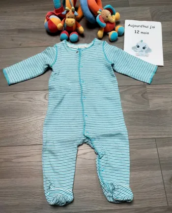 Grenouillère à rayures bleu bébé garçon 12 mois Obaibi