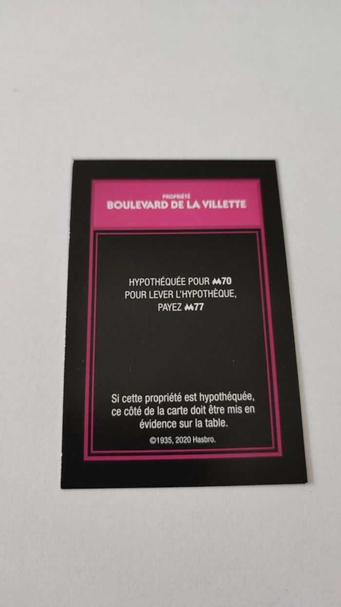 Carte Boulevard de la villette pièce jeu de société Monopoly mauvais perdants Hasbro Gaming #B77