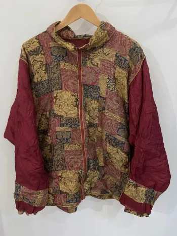 100% Silk Jacket vintage burgundy patchwork style Womens XXL