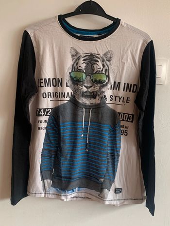 Tee Shirt maillot manches longues 14 ans Lemon Beret blanc noir imprimé tigre lunettes