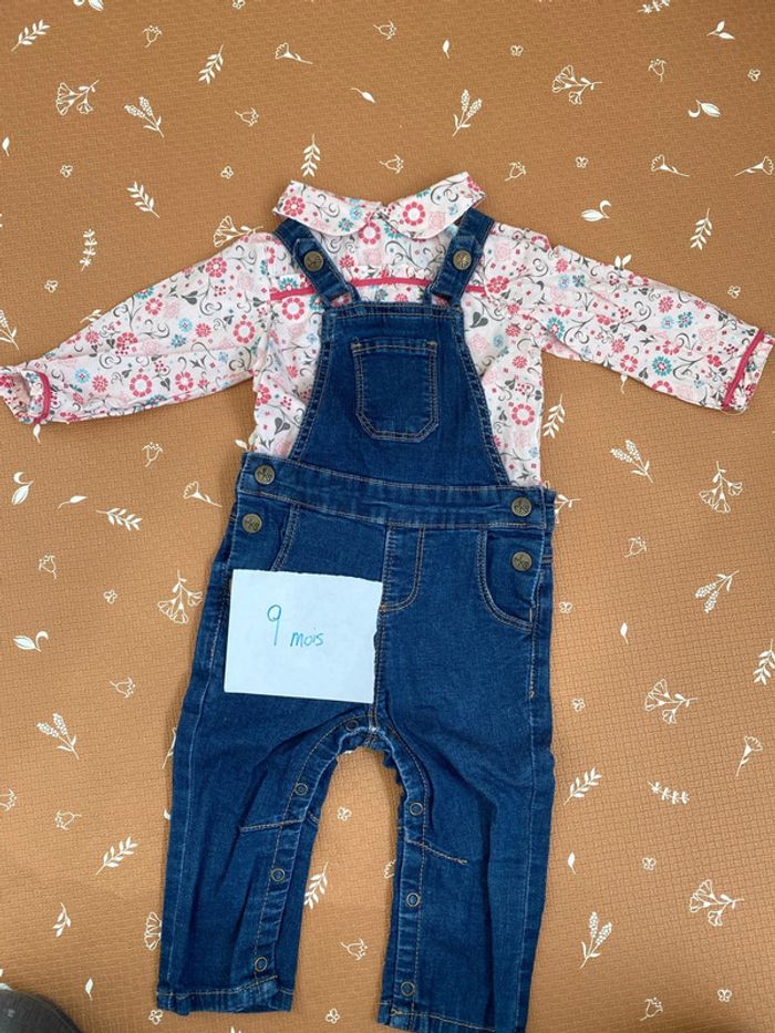 Salopette jean + blouse 9 mois