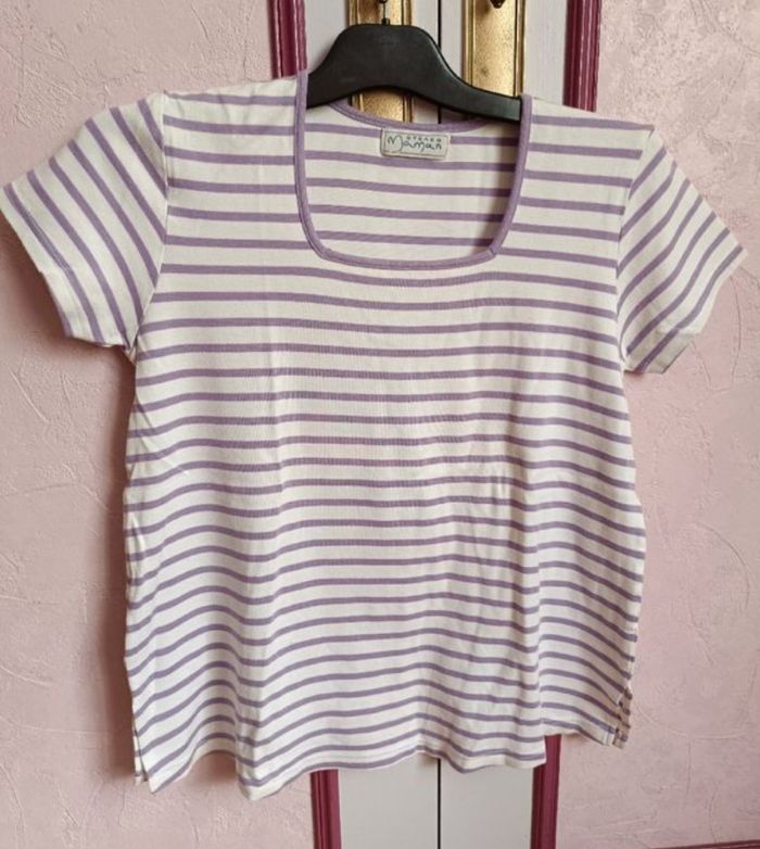 Tee-shirt " Stéréo Maman" rayé blanc  mauve