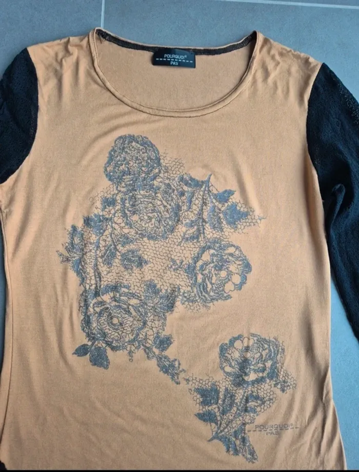 T shirt manches longues beige dentelle noire - photo numéro 3