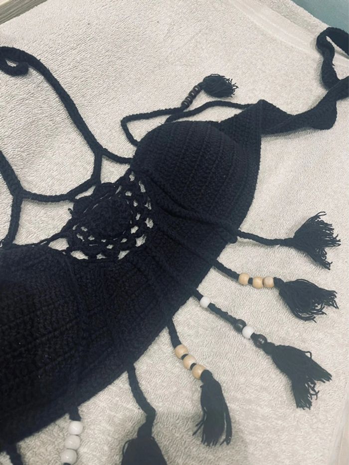 Haut de maillot de bain en tricot a franges avec perles - photo numéro 12