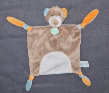 Doudou plat ours nature , beige,blanc ,orange et bleu - Baby Nat