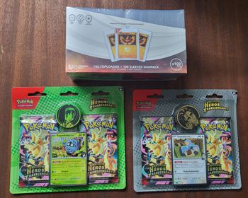 Lot 2 duo pack pokemon heros transcendant ME2.5 scellé fr et 1 paquet de 100 toploader + sleeves phoenix 