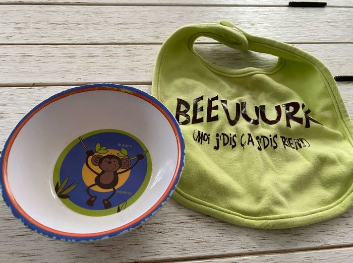Bavoir humoristique + assiette repas bébé enfant