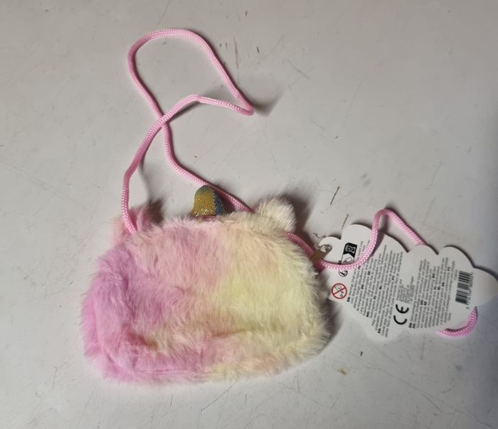 petite pochette bandoulière chat licorne fourrure rose et jaune neuf - photo numéro 2