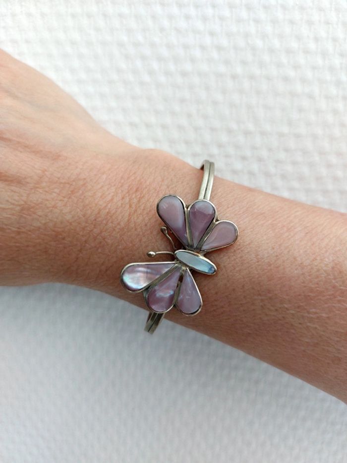 Magnifique bracelet papillon en Alpaca Mexico nacre - photo numéro 9