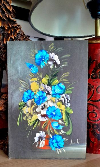 Peinture sur toile contrecollée sur carton motif floral