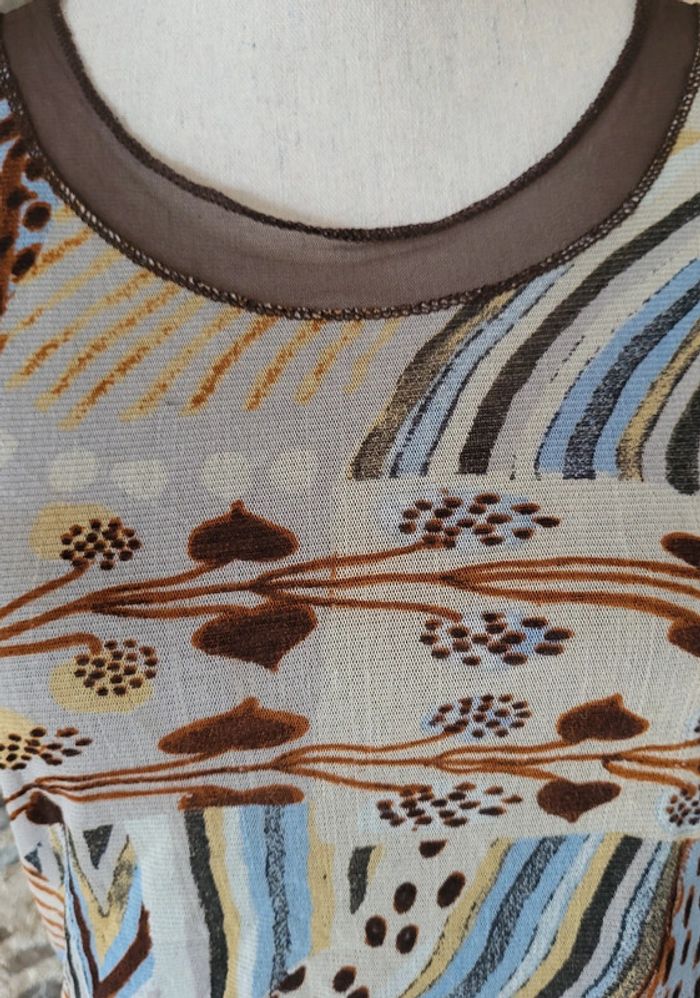 T-shirt blouse manches courtes à motifs marron bleu écru Afibel Taille 40 - photo numéro 3
