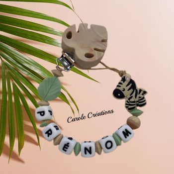 Attache tétine personnalisé en silicone zèbre + feuille savane