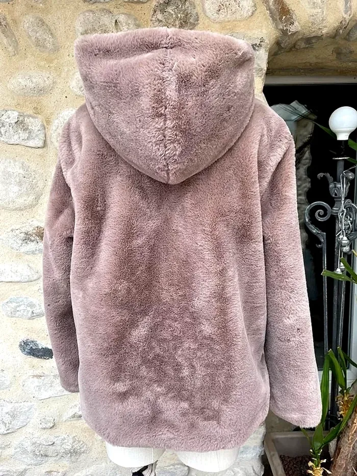 Mango - Manteau veste courte beige à capuche fausse fourrure synthétique hiver - photo numéro 3