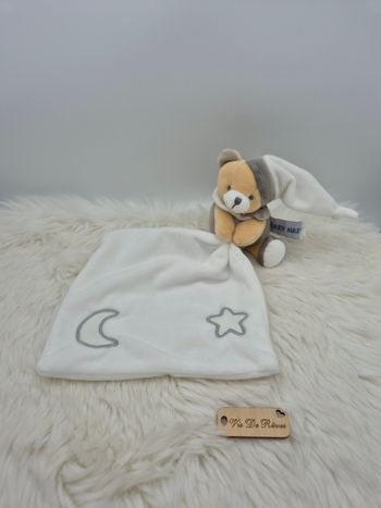 Doudou pantin Lapin Luminescent avec son mouchoir blanc gris taupe  Baby Nat BN0137