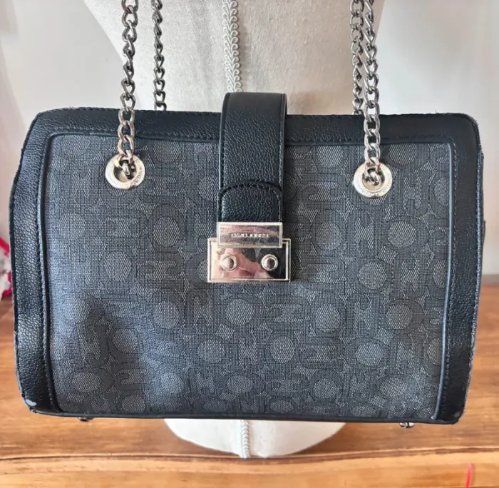 👜 sac à main gris chaîne argenté simili cuir grainé - photo numéro 2