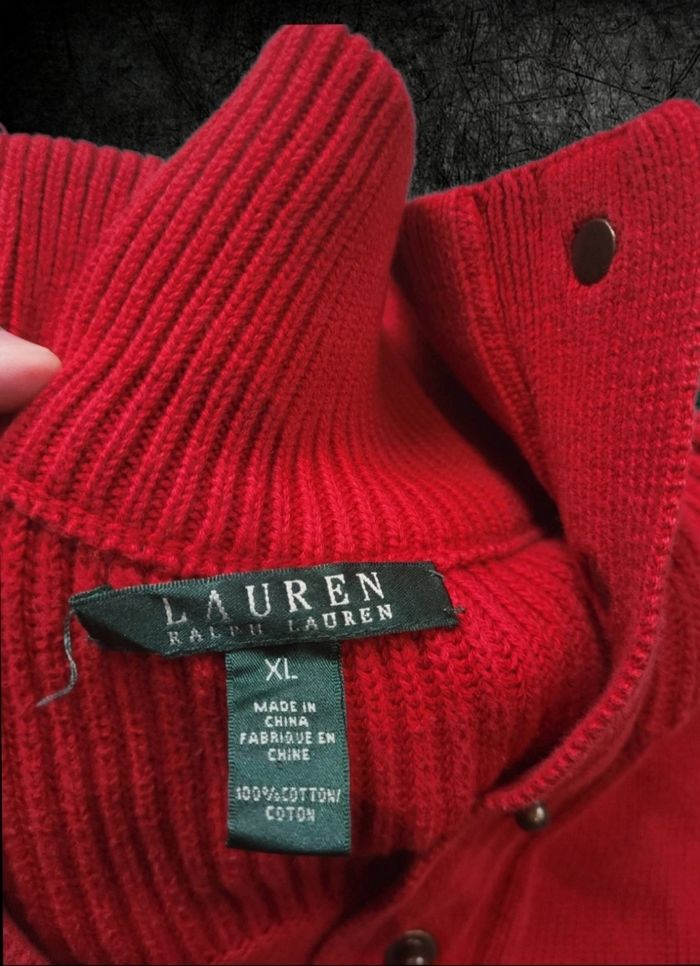 Pull femme Lauren Ralph Lauren – 100% coton, rouge, col roulé à boutons-pression - Taille XL - photo numéro 4