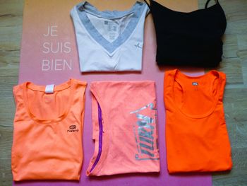 Lot T-shirts femme decathlon S 36 sport orange blanc noir TBE