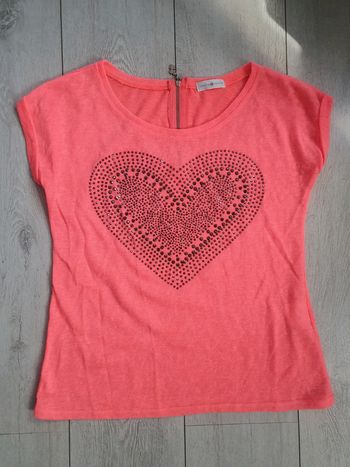 T shirt Cœur Strass Corail Fluo