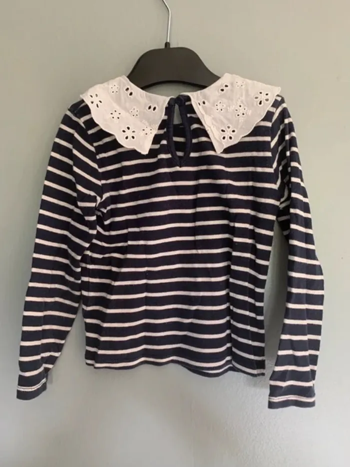 T-shirt manches longues marinière, col dentelle - photo numéro 3