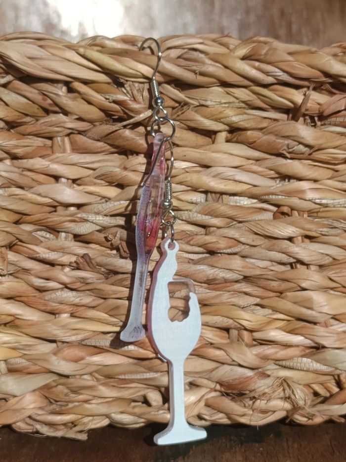 Boucles d'oreilles acrylique acier argenté verres de vin - photo numéro 5