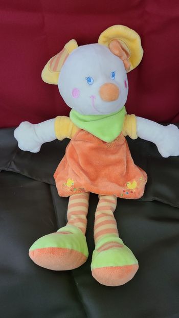 DOUDOU PELUCHE MOTS D'ENFANTS SOURIS ROBE ORANGE JAUNE FOULARD VERT
