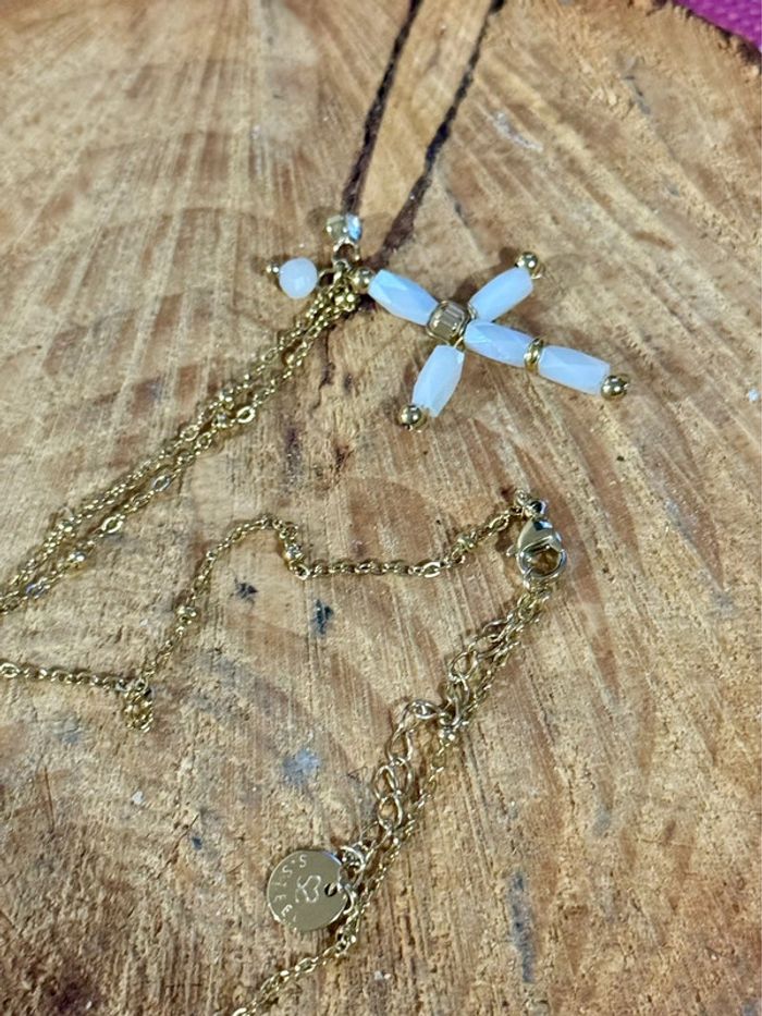 Collier réglable acier inoxydable or croix xl perles nacrés - photo numéro 4