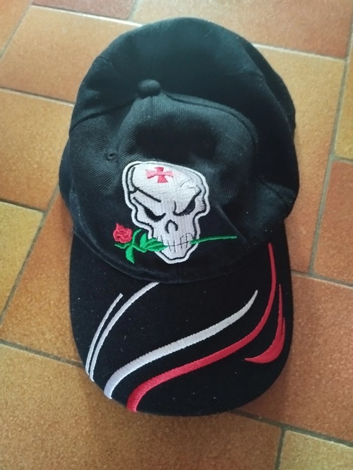 🧢 Casquette - noire - Tête de mort - Fleur Rose 🧢