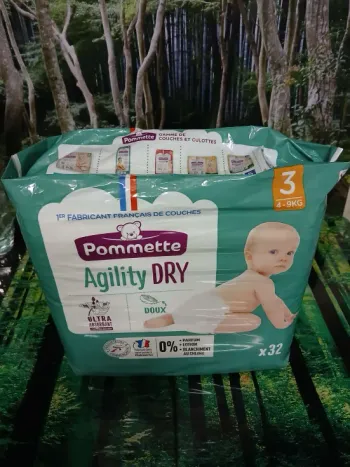 Pack 32 couches POMMETTE Agility Dry – Taille 3 (4-9 kg) – Neuf