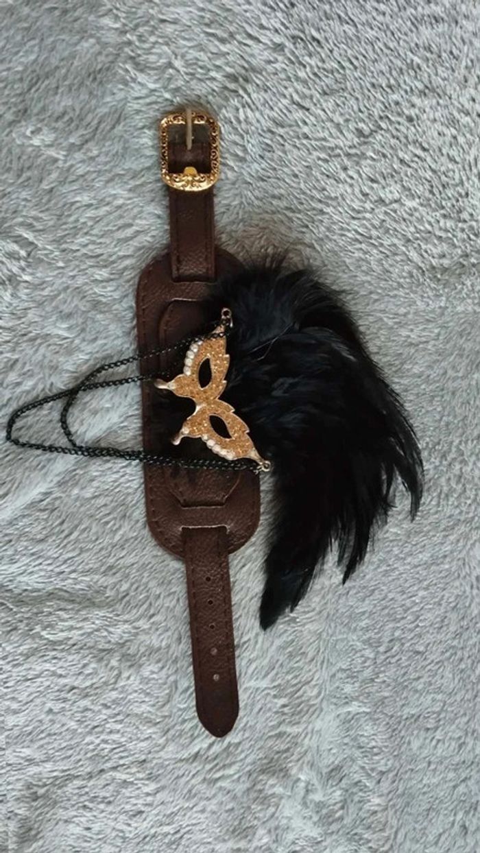 Bracelet Plumes masque doré marron noir - photo numéro 3