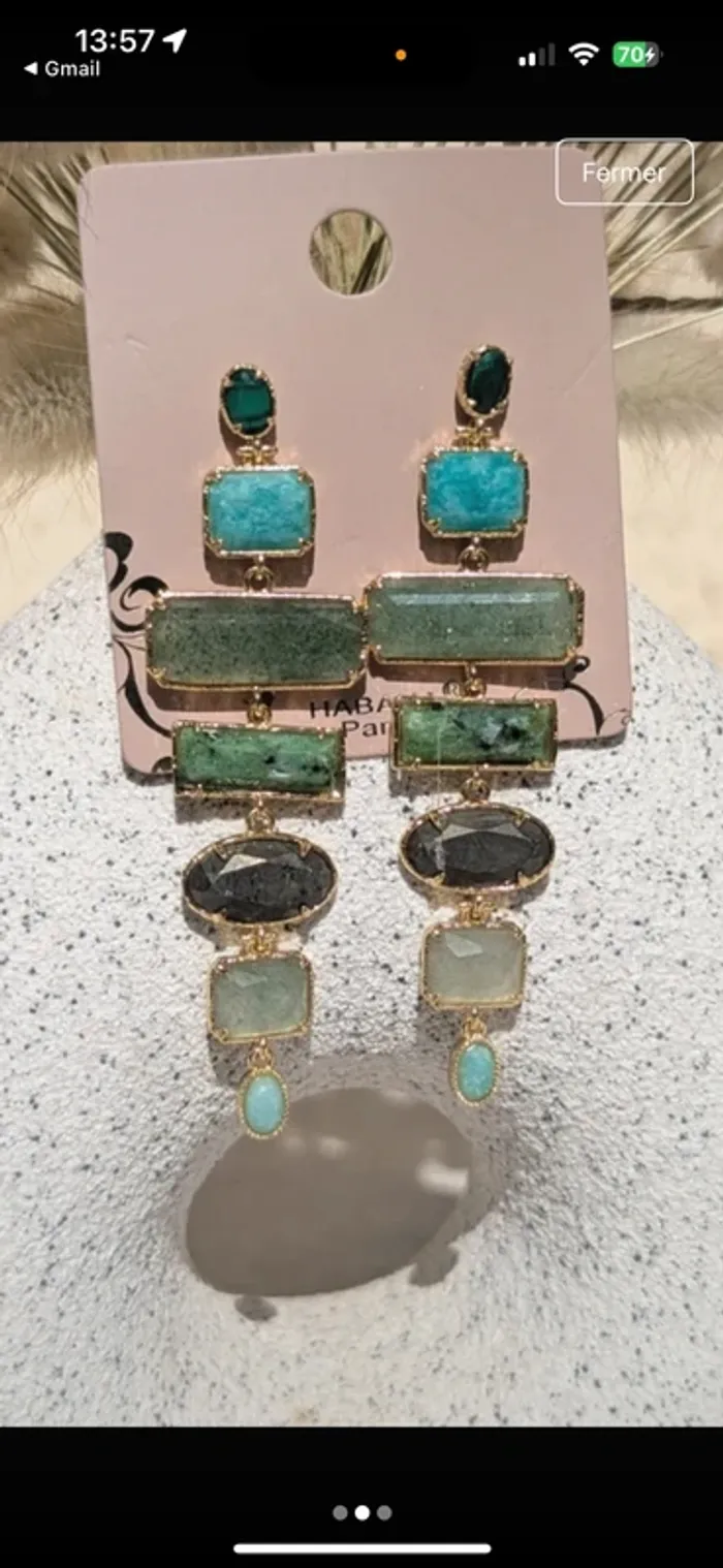 Grande boucles d’oreilles habaha paris acier inoxydable or malachite amazonite jade vert véritables - photo numéro 5