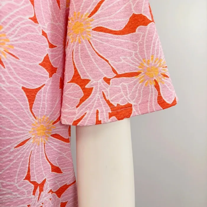 Blouse rose fleurie candy pink manches courtes taille M lien à pompons neuf A966 - photo numéro 7