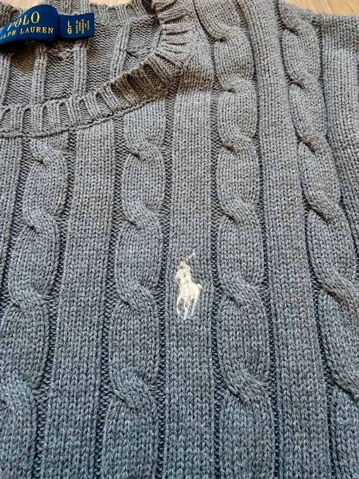 Pull Ralph Lauren torsadé cable knit twisted col gris blanc L femme - photo numéro 2